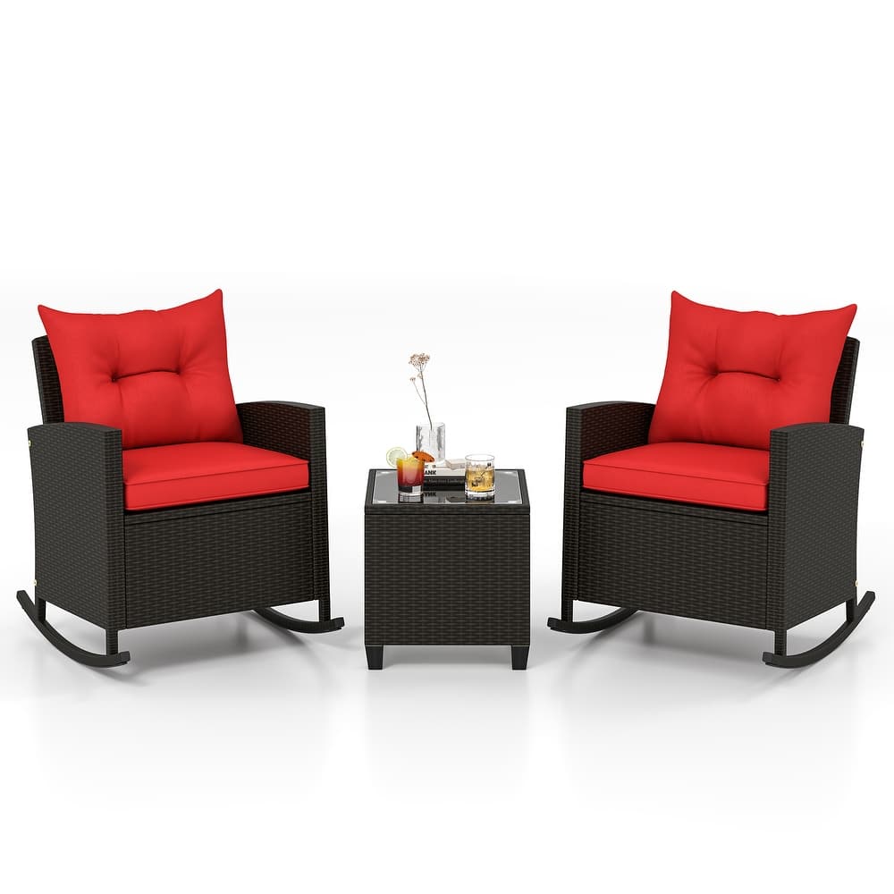 Gymax Set of 3 Wicker Rocking Set w/ Tempered Glass Table Patio