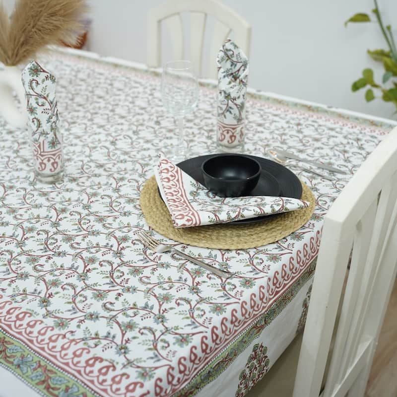 Fabdivine Floral Cotton Table Cover or Cloth Handmade Block Print for Dining & Home Décor Accent