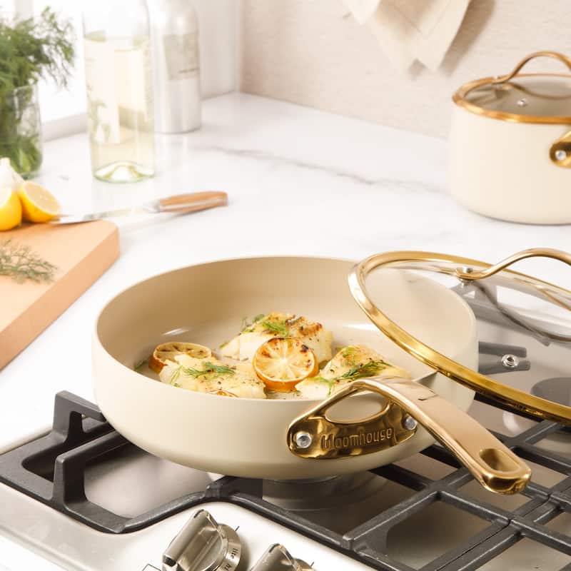 Bloomhouse 10 Inch Heavy Duty Aluminum Premium PFA Free Ceramic Nonstick Frying Pan Skillet with Lid - Almond Cream