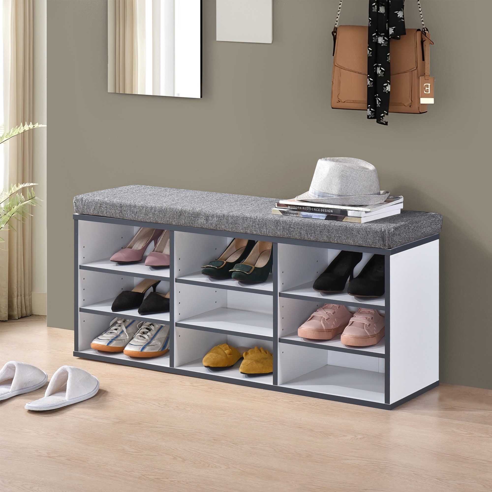 Shoe Storage Bench with Cushion, 9-Cubby Shoe Organizer with Adjustable Shelves for Entryway, Hallway or Bedroom
