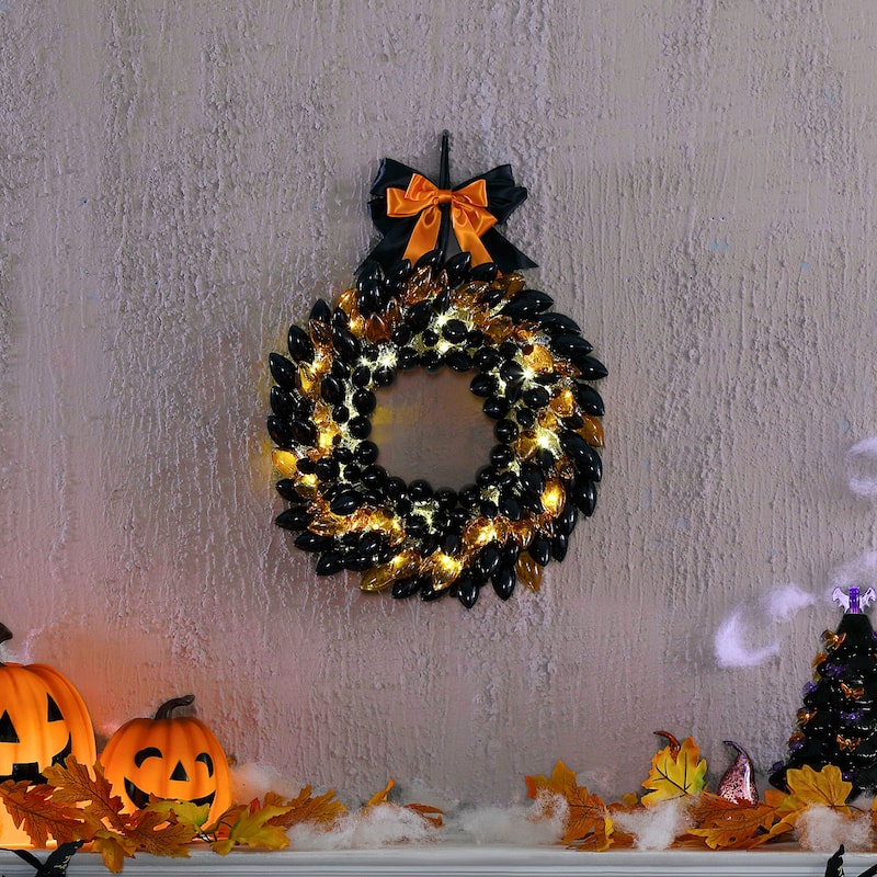 17 in. Retro C9 Bulb Wreath - Black and Orange