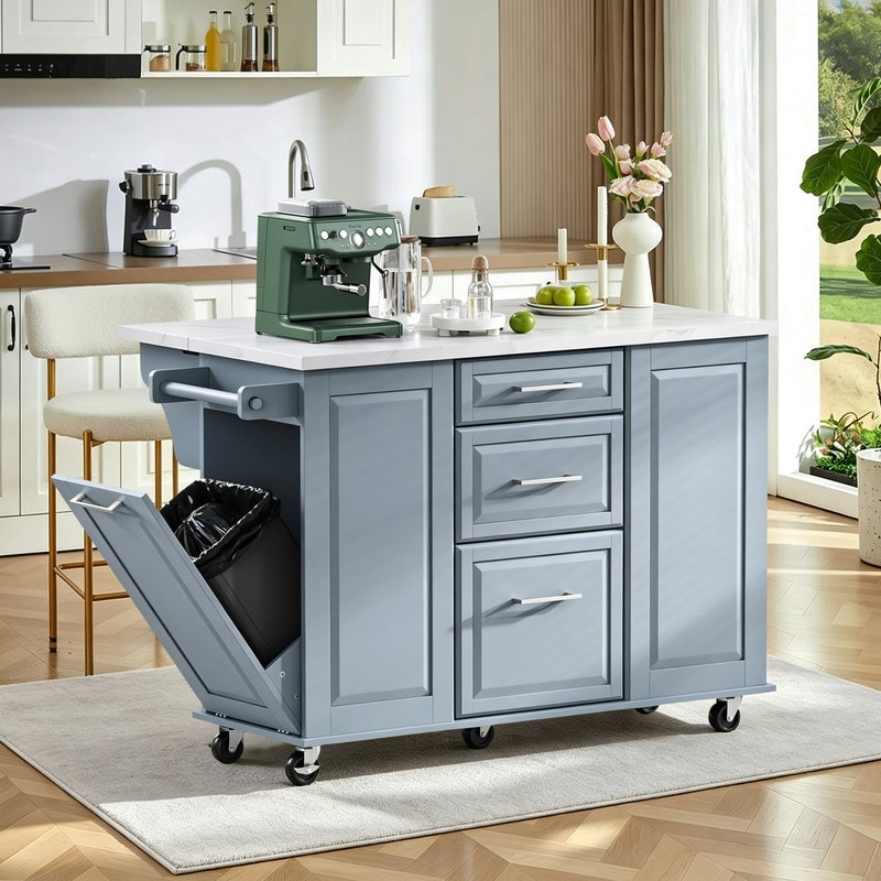 50.7" Kitchen Island with Storage and Concealed Trash Can, Rolling Kitchen Island on 5 Wheels with Drop Leaf, Drawers and Door