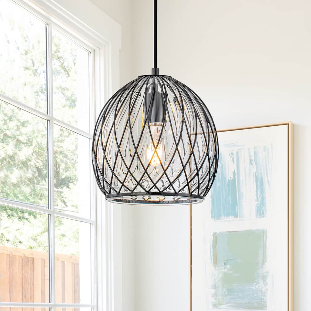 Modern Matte Black Pendant Light with Globe Glass & Wire Cage Kitchen - Dia.8.66-in