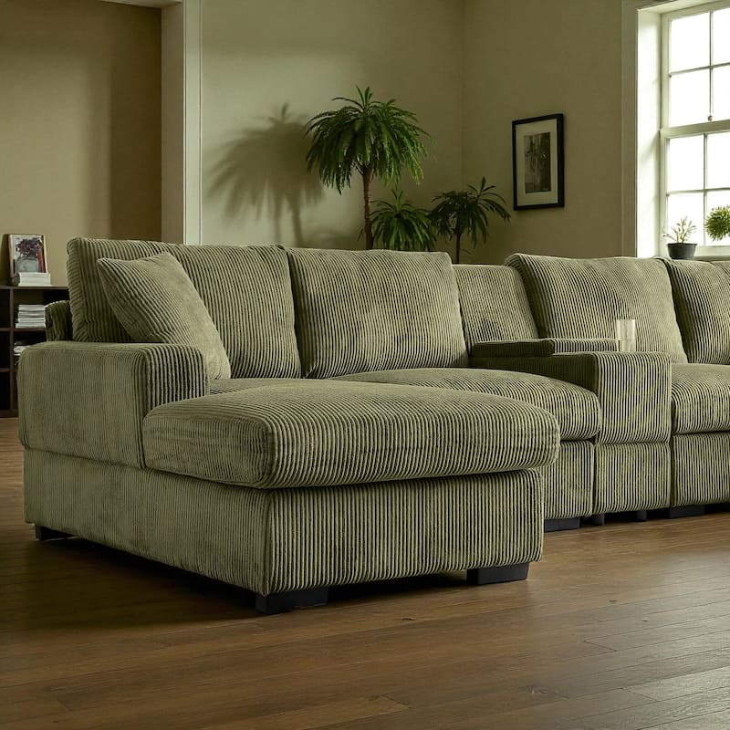 126" U-Shaped Cloud Couch Sectional with Double Chaise, Console, Cup Holders and USB, Oversized Corduroy Sofa