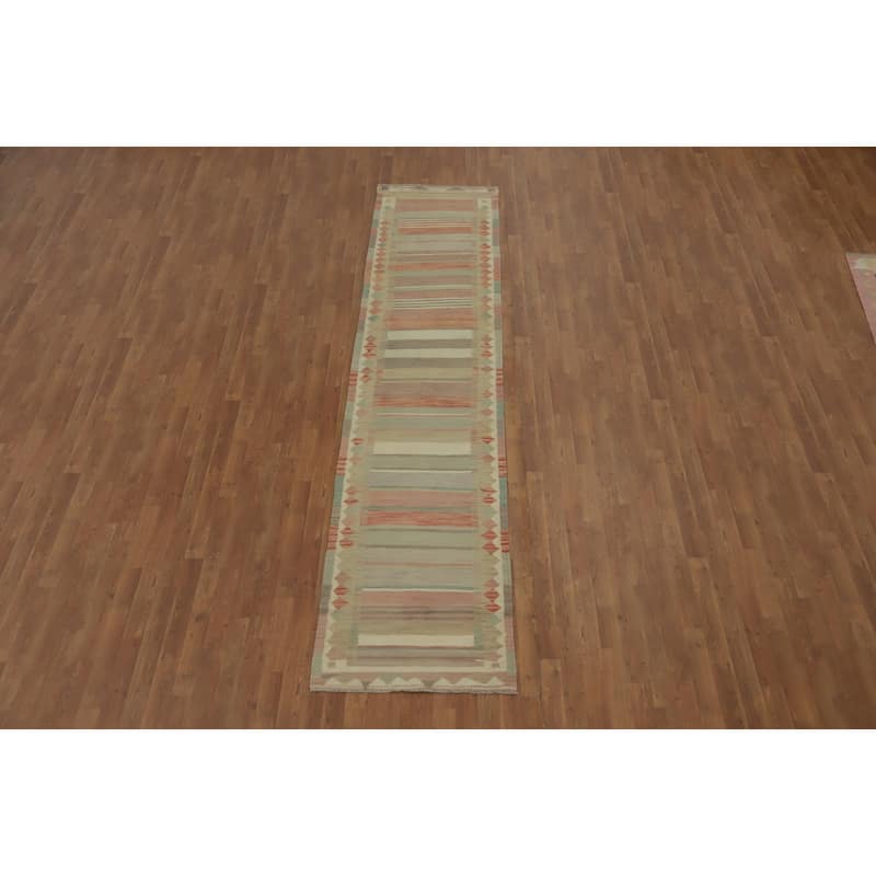 Hand Woven Oriental 100% Wool Carpet Southwestern Tribal Multi-Colored Kilim Runner Rug - 12' 1'' X 2' 7''