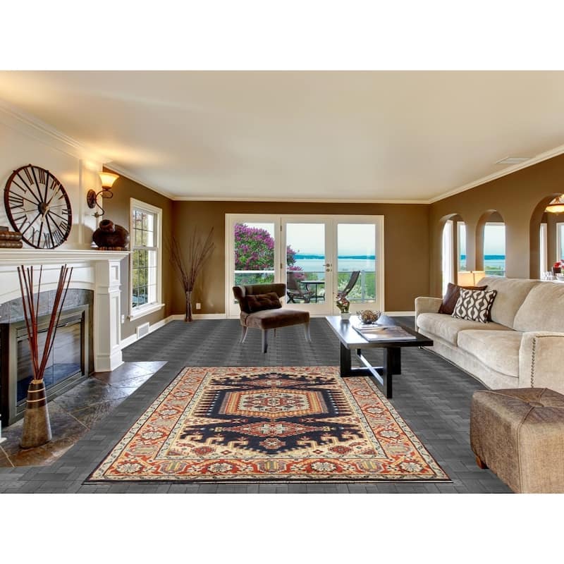 Navy Blue Viss Indian Area Rug Hand-Knotted Wool Carpet - 5'11" x 9'0"