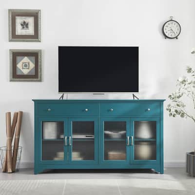 66-Inch Teal Blue TV Console & Buffet Cabinet - Glass Doors, Adjustable ...