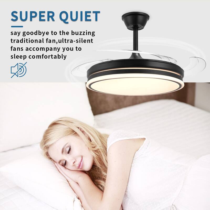 42" Crystal Ceiling Fan with Light & Remote, Retractable LED Blades, 3 Colors & 6 Speeds