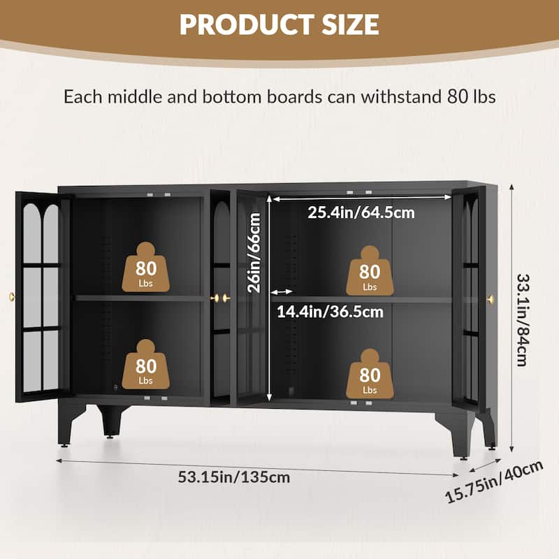 53.2"W Metal Sideboard Buffet Cabinet with Glass Doors
