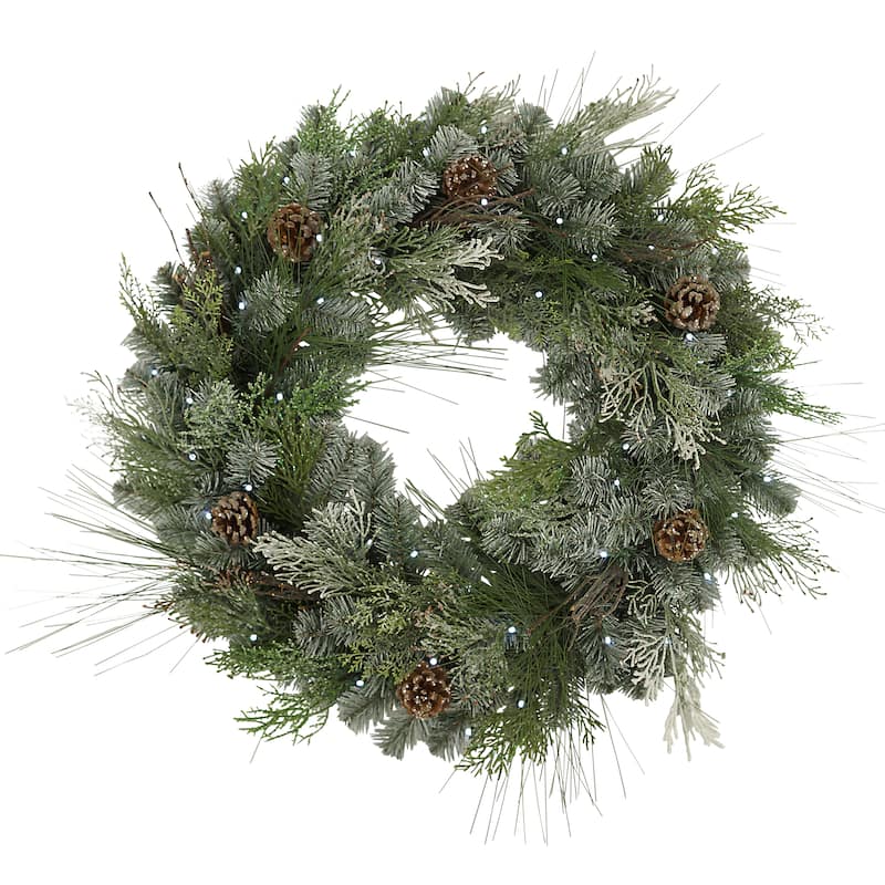 32 in PreLit Snowy Mixed Pine Wreath with Pine Cones and Twig and Cedar Accents - Green