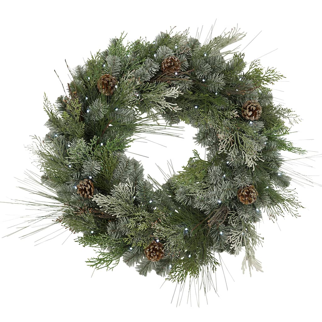 32 in PreLit Snowy Mixed Pine Wreath with Pine Cones and Twig and Cedar Accents - Green