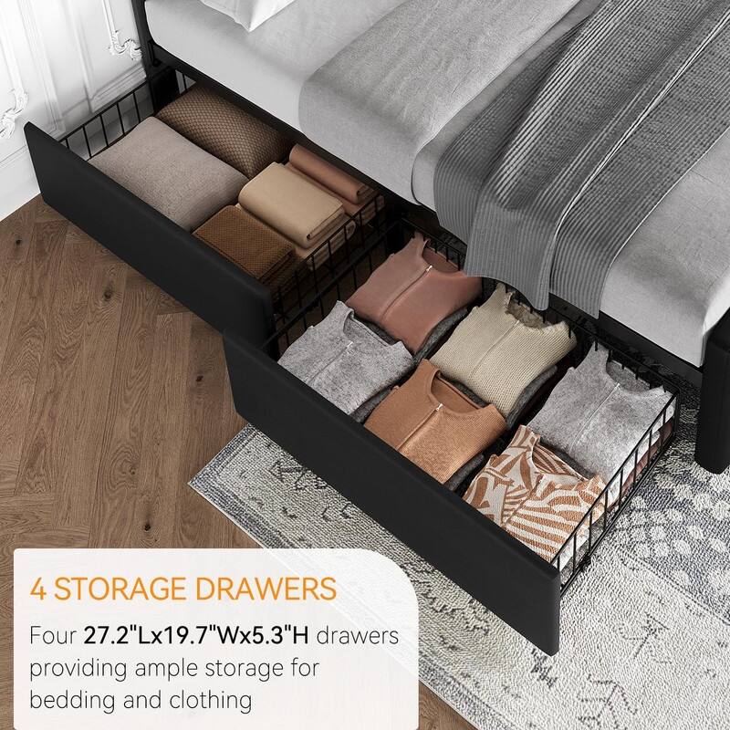Upholstered Bed with 4 Drawers and Adjustable Button-Tufted Linen Headboard