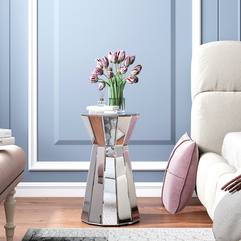 Glam Mirror Glass End Table Drum Table Side Table - Silver - MDF/Glass