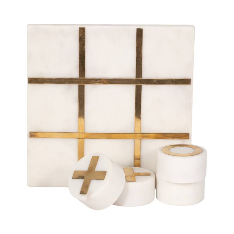 Decorative Tic Tac Toe Game Contemporary Stylish White, Black and Gold Marble Family Game Night Tic-Tac-Toe Board