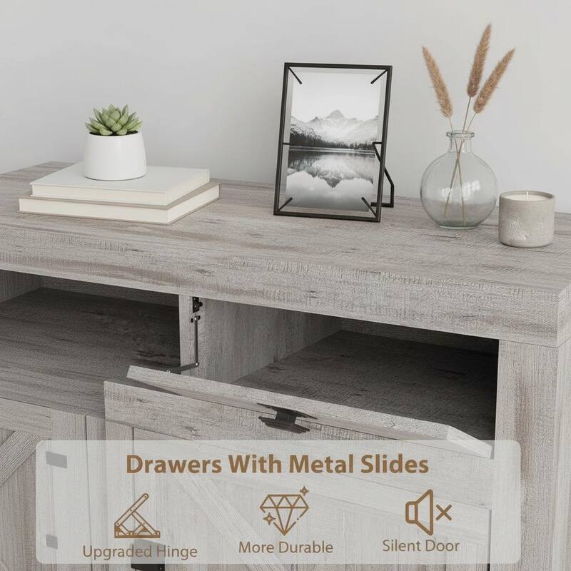 Farmhouse TV Stand, with 4 Storage Drawers & 3 Open Shelf