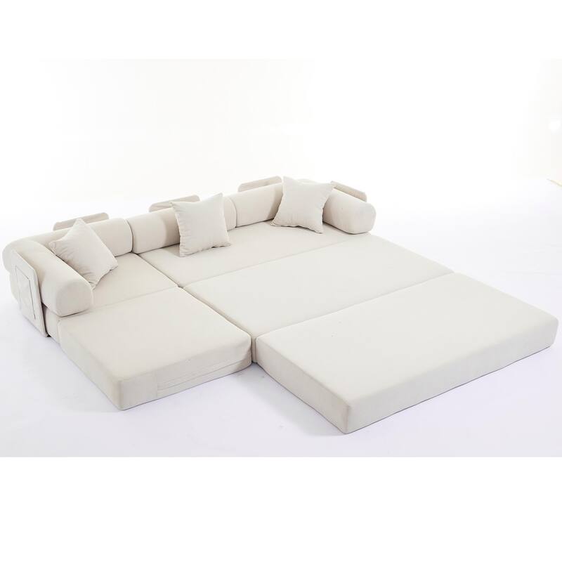 Versatile 7-in-1 Modular Folding Sectional Sofa with Chaise Convertible Corduroy Sleeper Sofa Bed with Removable Storage Bags