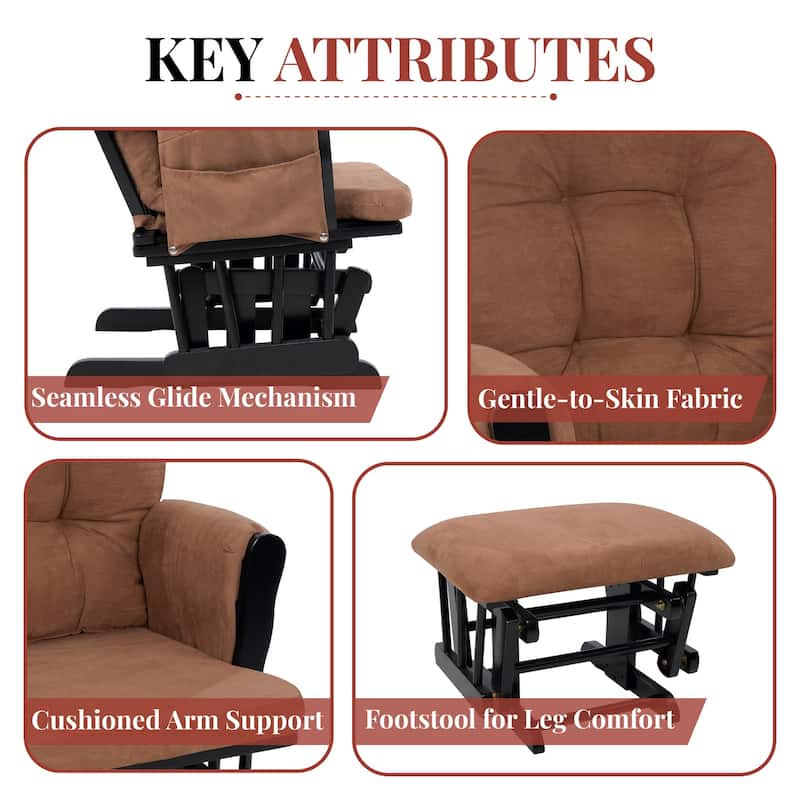 Nursery Glider and Ottoman Set - Reclining Rocker Chair with Padded Back, Armrests, and Cushions