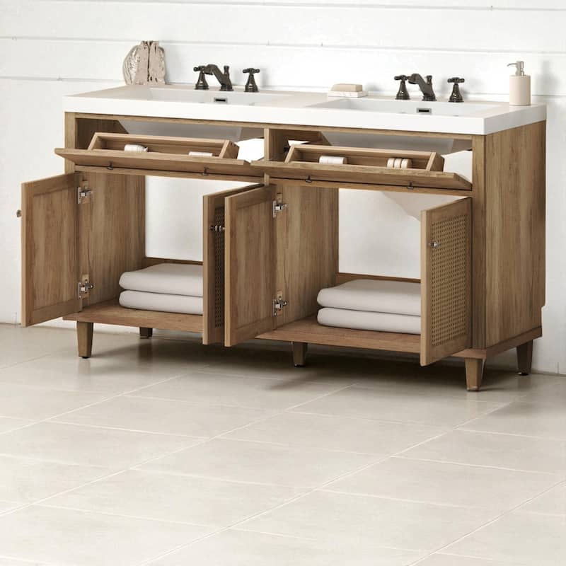 60" Double Sink Bathroom Vanity with SMC Integrated Top, Soft Close Doors, Tip-Out Trays and Rattan Front Cabinets