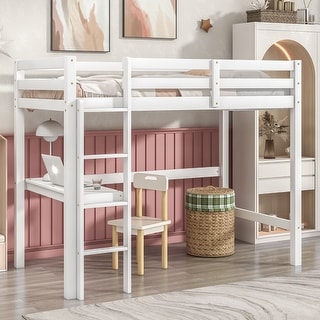 Pine Wood Loft Bed Frame with Built-in Desk, Kids Bed with Ladder & Guard Rails for Kids and Teens