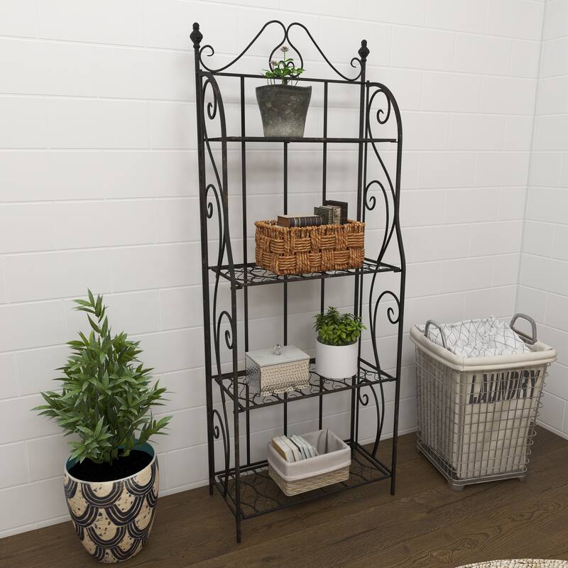 Black Metal Indoor Outdoor Tall Folding 4 Shelf Scroll Bakers Rack