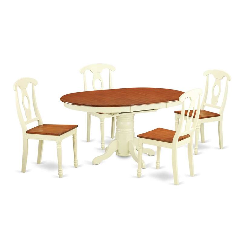 Retro Dining Set - 5 Piece Table & Chair Set - Modern Oval Wood Table with Leaf - Buttermilk & Cherry Finish