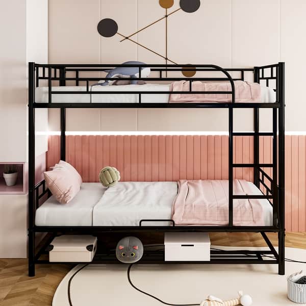 slide 2 of 24, Twin Over Twin Metal Bunk Bed with Storage Shelf & Guardrails, Ladder Black - Twin