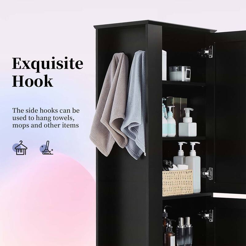 Tall Freestanding Bathroom Storage Cabinet with Adjustable Shelves,Hooks,and Anti-Toppling Device