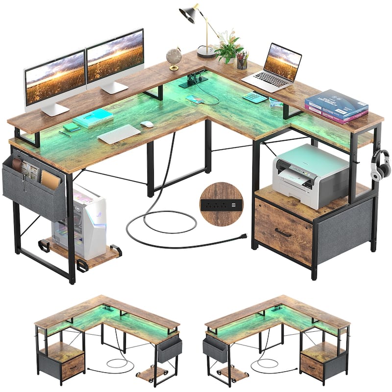 L Shaped Desk with File Drawer and Printer Stand, Reversible Corner Computer Desk with Power Outlet and LED Strip
