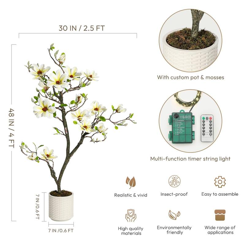 Artificial Magnolia Tree with Realistic White Flowers & Lush Green Leaves