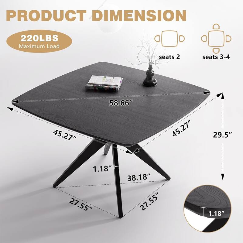 Modern Square Dining Table for 2-4, Small Kitchen Table with Metal Legs