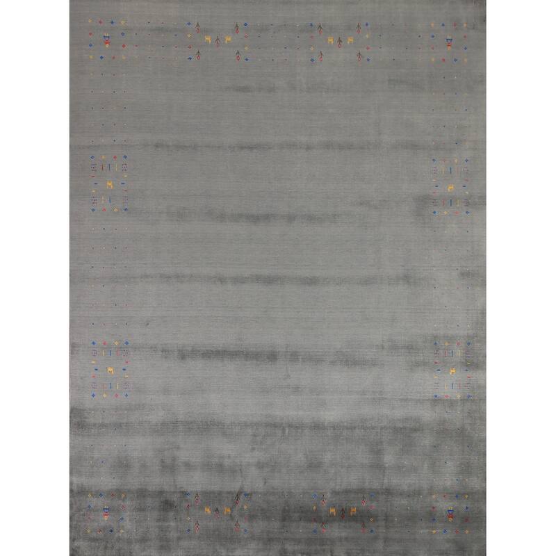 Slate Green Tribal Gabbeh Oriental Area Rug Hand-Knotted Wool Carpet - 8'1" x 9'11"