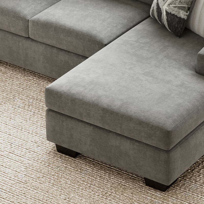 Roundhill Furniture Arden L-Shaped Convertible Living Room Sofa Chaise with Floating Ottoman, Posh Gray - 7'6" x 9'6"