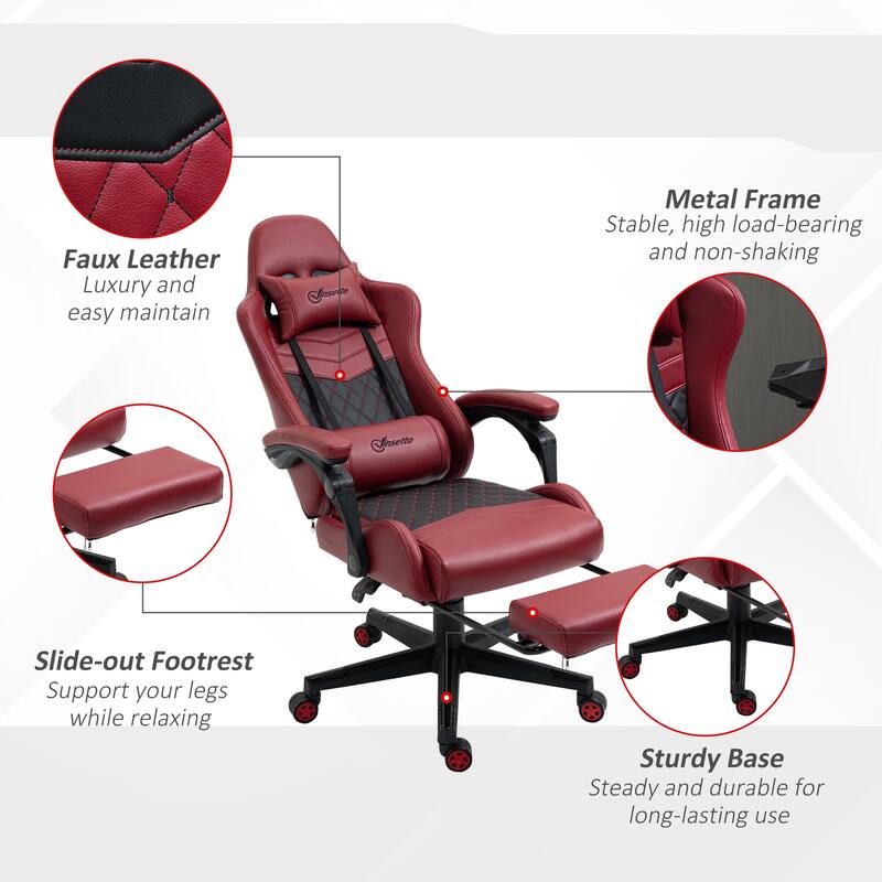PU Leather Racing Gaming Chair with Footrest, 130° Recline and Lumbar Support