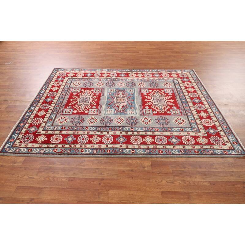 Kazak Oriental Area Rug Hand-Knotted Traditional Grey Wool Carpet - 5'0" x 6'7"