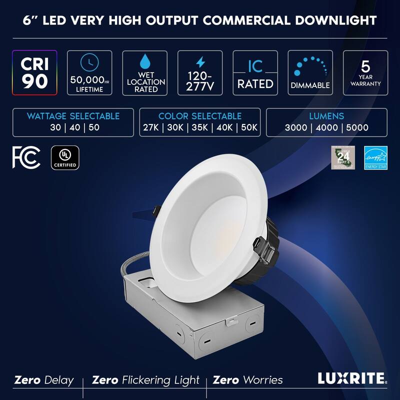 LUXRITE 6 Inch Commercial LED Recessed Light J-Box 5CCT 30/40/50W Dimmable 3000/4000/5000LM 120-277V Wet Rated 4 Pack