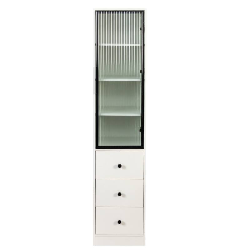 Storage Cabinet with Glass Doors & 3 Drawers, Display Cabinet with Storage Shelves, Multi-Functional Accent Cabinet