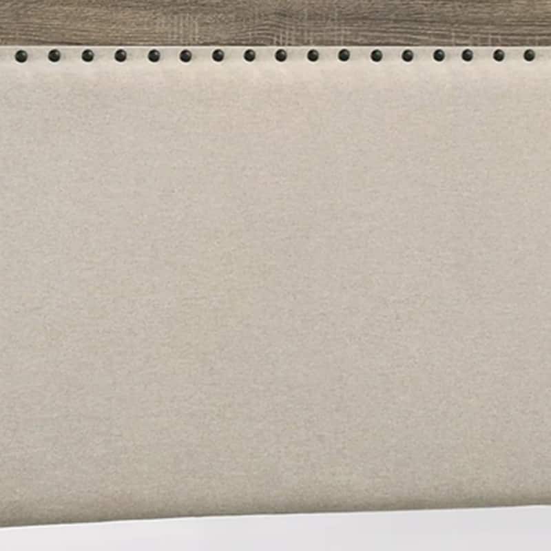 Shannon King Panel Bed with Nailhead Trim, Ivory Fabric, Gray Wood