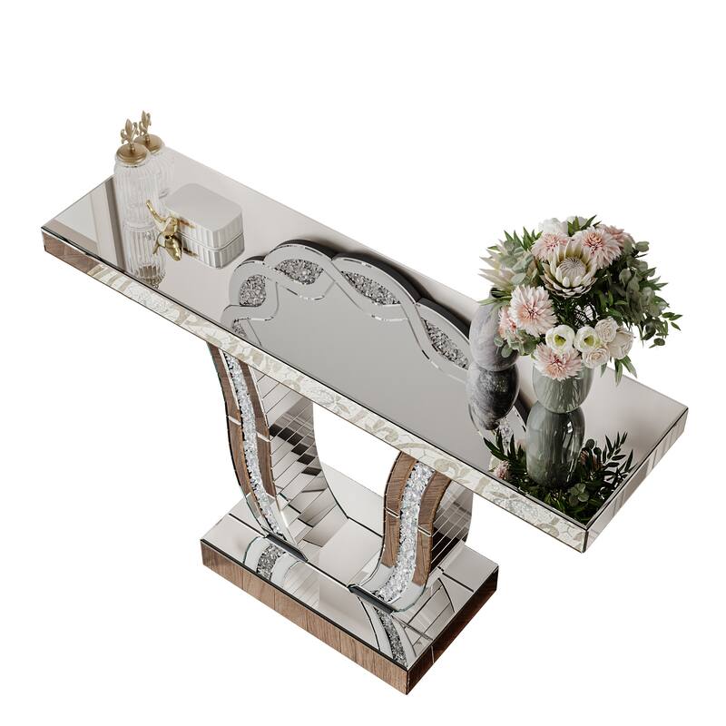 Roomfitters 43" Mirrored Console Table, Modern Silver Entryway Sofa Table with Curved Stone-Inlaid Legs, Silver