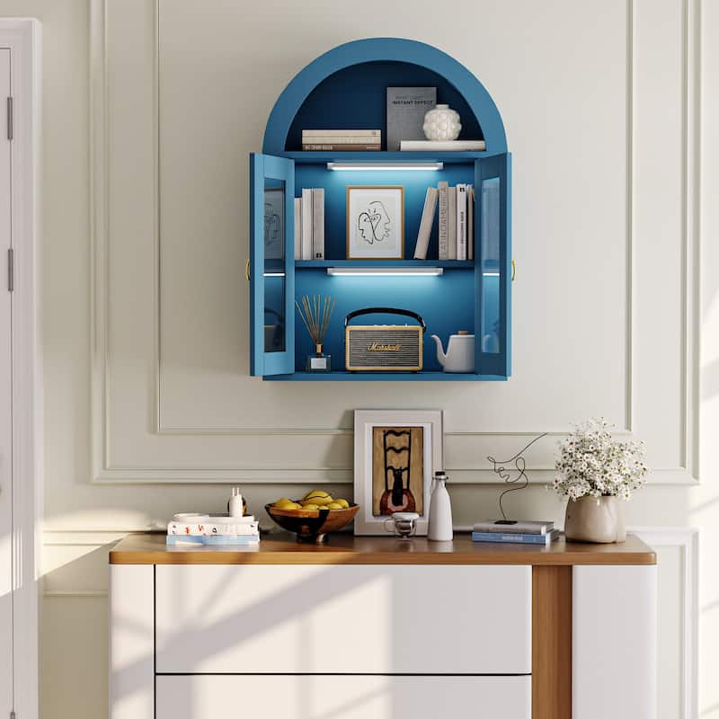 Wall Mounted Arched Cabinet with Glass Doors, Light and Adjustable Shelves for Laundry Room, Bathroom, Kitchen