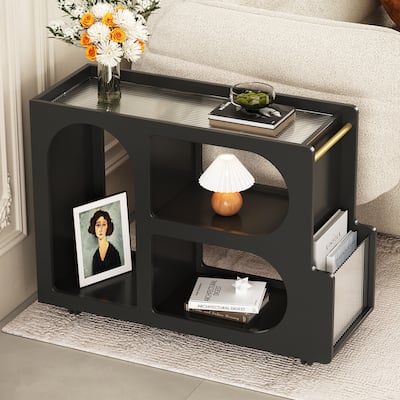 Roomfitters Mobile End Table with Lockable Wheels, Narrow Coffee Table with Fluted Tempered Glass and Golden Rod Design