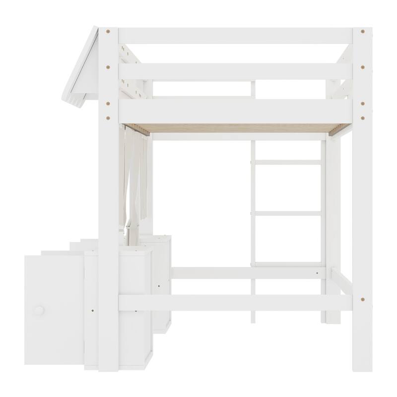 Fairy Tale Cottage Loft Bed with Tent, Bookshelf and Storage Cabinets