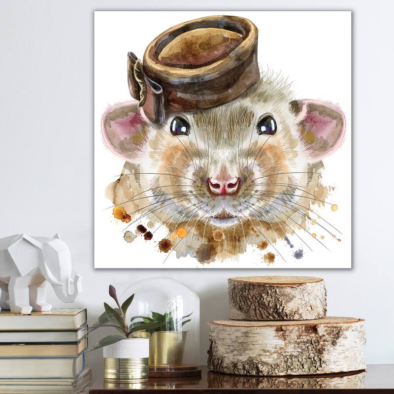Designart "Portrait of Rat With Little Hat" Animals Canvas Wall Art Print
