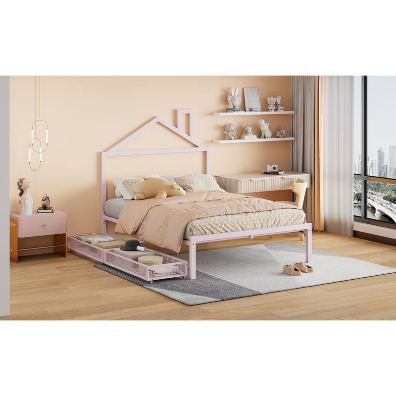 Full Size Metal Platform Bed with Two Drawers and House-Shaped Headboard