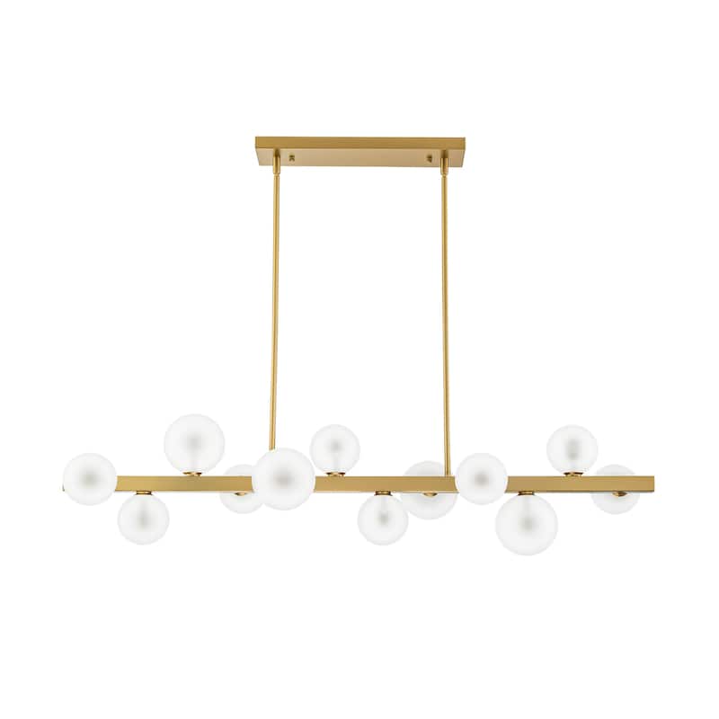 12-Light Modern Brushed Gold Linear Gluster Glass Kitchen Island Pendant Sputnik Frosted Opal Glass Globe Bubble Chandelier