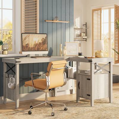 Farmhouse L-Shaped Home Office Computer Desk with Storage Cabinet