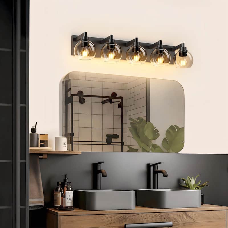 Bathroom Vanity Light with Clear Globe Glass Shades, Modern Black Wall Sconce Over Mirror, Vanity Lighting for Bath