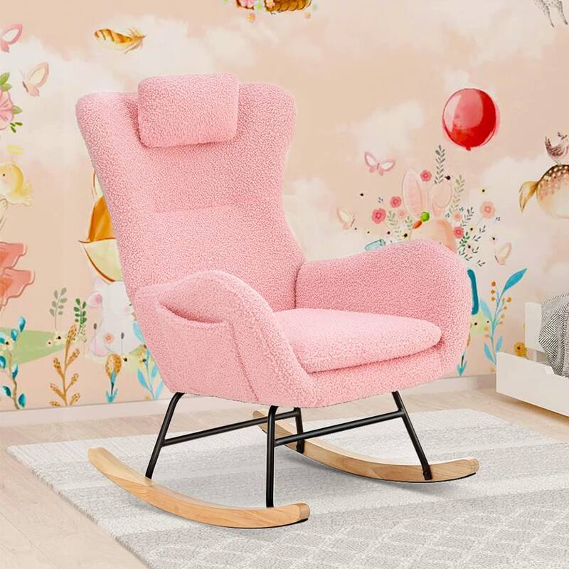 Teddy Upholstered Rocking Chair with Padded Seat, Backrest & Armrests - 26.38 "W* 34.25"D *36.22 "H - Pink