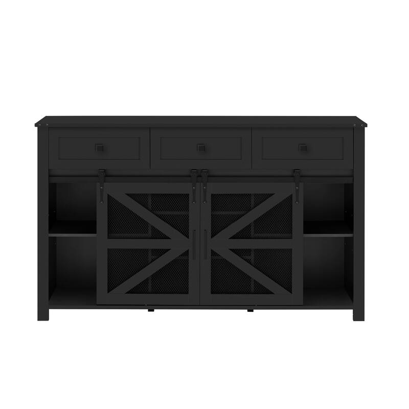Sliding Barn Door Sideboard with 3 Drawers and Adjustable Shelves, Buffet Cabinet with Metal Mesh and Aluminum Handles