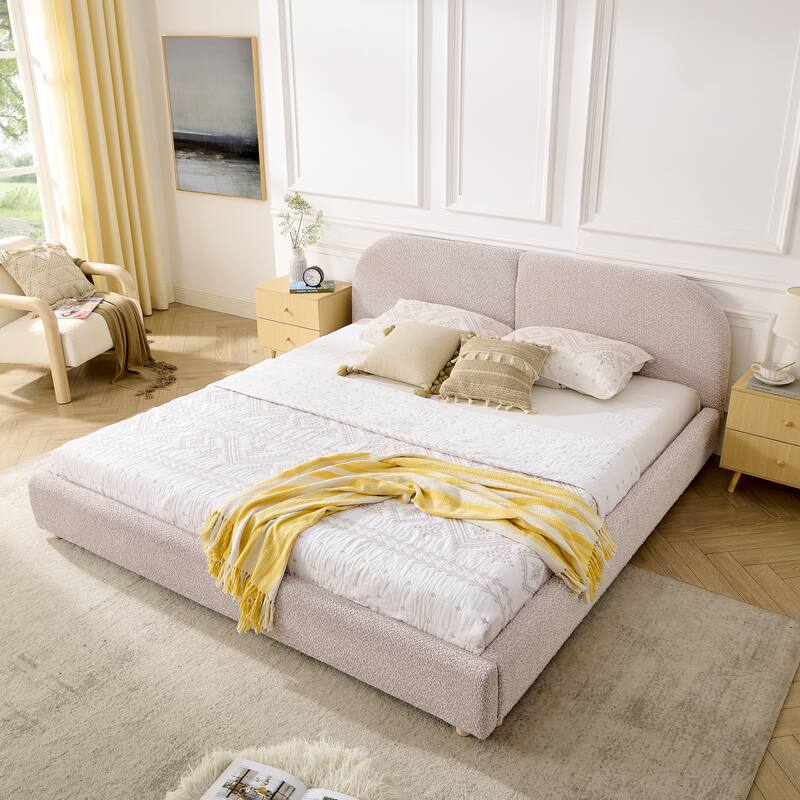 King Size Upholstered Bed Frame, Modern Minimalist Style with Tall Curved Headboard, Premium Circle Yarn Fabric