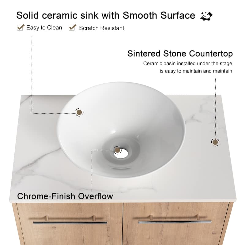 Malwee 24"/30" Floating Bathroom Vanity, Wall Mounted Bathroom Vanity with Ceramic Sink,Soft Close Doors